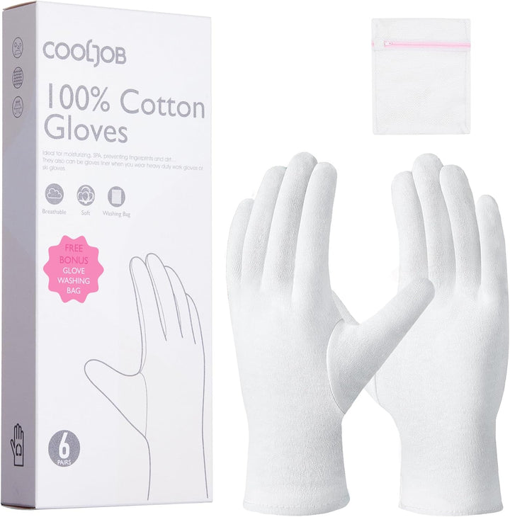 100% Cotton Gloves, 6 Pairs White Cotton Gloves for Dry Hands Moisturizing & Eczema, Overnight Lotion, Sleep & Spa Treatment for Women & Men, Breathable Work Glove Liners, Medium Size