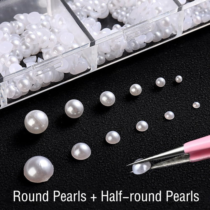 12 Grids Pearl Beads Nail Art Charms Nail Pearls White Pearl Charms for Nails Design Flat Back Pearls for Crafting Manicure Bead Kit Women Nail Beads Fingernail Decorations Cute Beads for Crafts