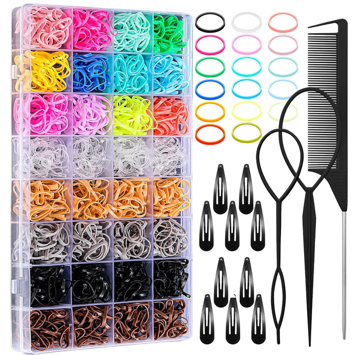 32 Colors Small Hair Rubber Bands with 16 Styling Tools, 2000 Pcs Elastic Girl Baby Hair Ties, Mini Bands with Elastic Cutter, Hair Accessories Xmas Stuff for Girls Baby Toddlers Kids