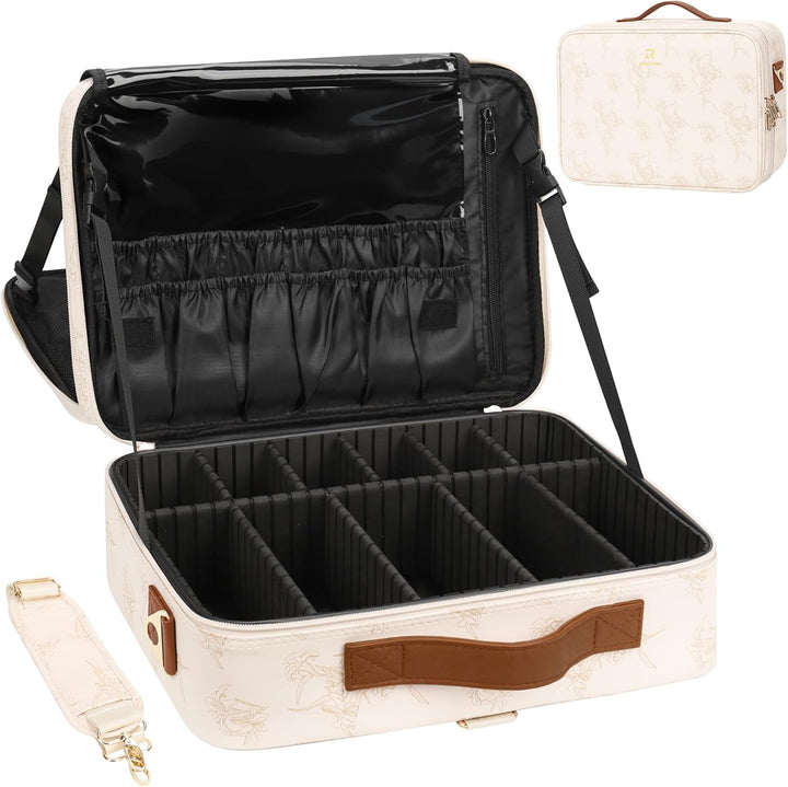 Makeup Case Large Makeup Bag Professional Train Case 16.5 Inches Travel Cosmetic Organizer Brush Holder Waterproof Makeup Artist Storage Box, 3 Layer Large Capacity, with Adjustable Strap