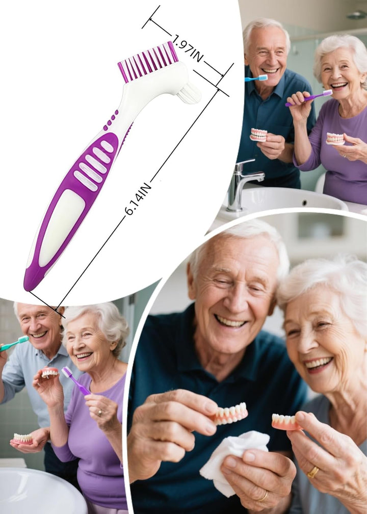 Denture Cleaning Brushes 2-Pack with Dual-Angle Heads - Soft Nylon Bristles & Ergonomic Grip, Travel Denture Brush Kit for Seniors (Green/Purple) | Denture Care Essentials