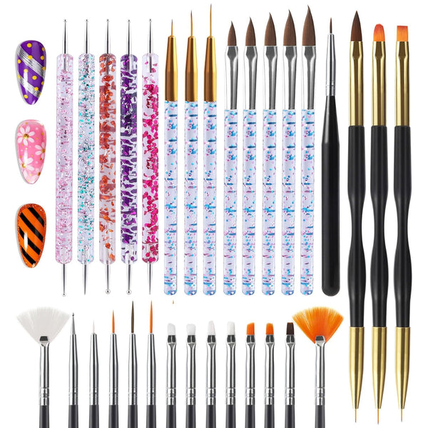31Pcs Nail Art Brushes, Nail Art Tool Set, Dotting Tools, Dust Brush,Striping Brushes for Long Lines, Drawing Pen for Gel Polish Design Supply