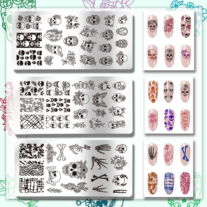 3Pcs Gothic Skull Nail Stamper, 58 Patterns Horror Skeleton Flower Nail Stamping Plate Nail Art Stencils Stainless Steel Nail Image Plates for Nail Design Print Manicure Salon Halloween
