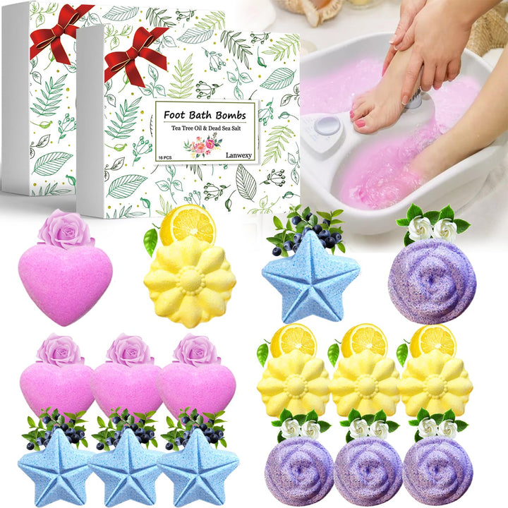 Bath Foot Bombs, 16 Pack Foot Soak with Bath Salt and Tea Tree Oil for Christmas. Organic Natural Handmade Aroma Pure Essential Oil Bubble Feet Balls for Foot Callus, Stubborn Feet Odor Scent.