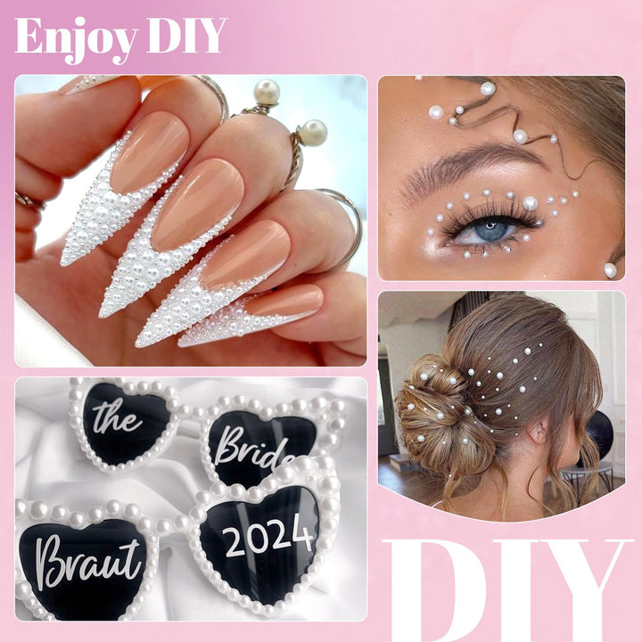 13000Pcs Flatback Pearls for Crafting (White), Assorted Size 2/3/4/5/6/8/10Mm Half Pearl Bead Gems with 3Pcs 10Ml B7000 Jewelry Glue, Bedazzling Kit for Crafts Shoes Graduation Cap Nail Art