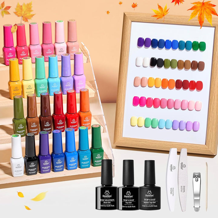 Vivid Seasons, Fall Gel Nail Polish Set, 36 Colors Yellow Burgundy Purple Pink Jelly Shades, 45Pcs with Base & Top Coat, UV LED Soak off DIY Salon Set, Gift for Women & Girls