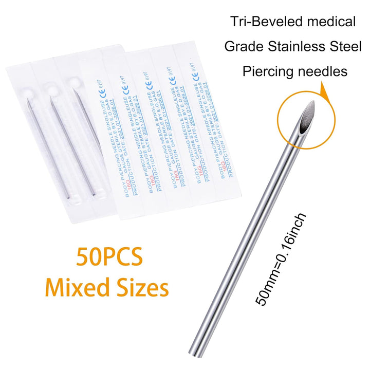 50PCS Mixed Body Piercing Needles, 12G 14G 16G 18G 20G Disposable Sterile Stainless Steel Piercing Needles for Ear Nose Navel Belly Nipple Tongue Lip Piercing