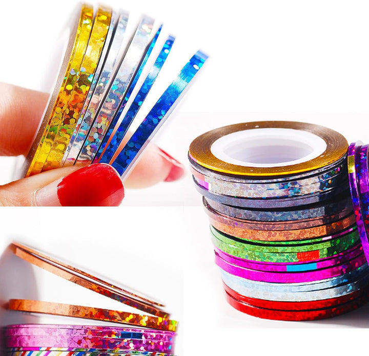 Nail Art Striping Tape Lines Kit 36 Pcs 1Mm 2Mm 3Mm Nail Tape Strips for Design DIY Silver Nails Striping Tape Case,Laser Holographic Nail Rolls Chrome Striping Tape Line