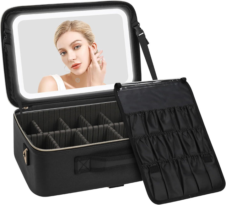 Makeup Case Large Makeup Bag Professional Train Case 16.5 Inches Travel Cosmetic Organizer Brush Holder Waterproof Makeup Artist Storage Box, 3 Layer Large Capacity, with Adjustable Strap