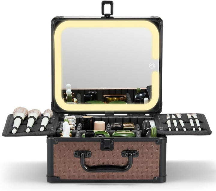 Makeup Box with a Detachable Lighted Mirror, Waterproof Travel Train Case, Cosmetic Organizer and Makeup Suitcase with Adjustable Dividers, Magnetic LED Mirror (Black)