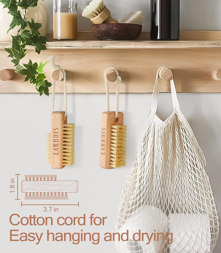 Nail Brush for Cleaning Fingernails, 2Pack Wooden Nail Brushes Fingernail Brush for Cleaning Nail Scrub Brush Two-Sided with Hanging Rope (Beechwood)