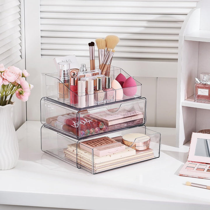 3 Tier Clear Makeup Organizer with Drawer, Cosmetic Storage for Dresser Countertop and Bathroom Vanity, Beauty Holder for Lipstick Brush Skincare