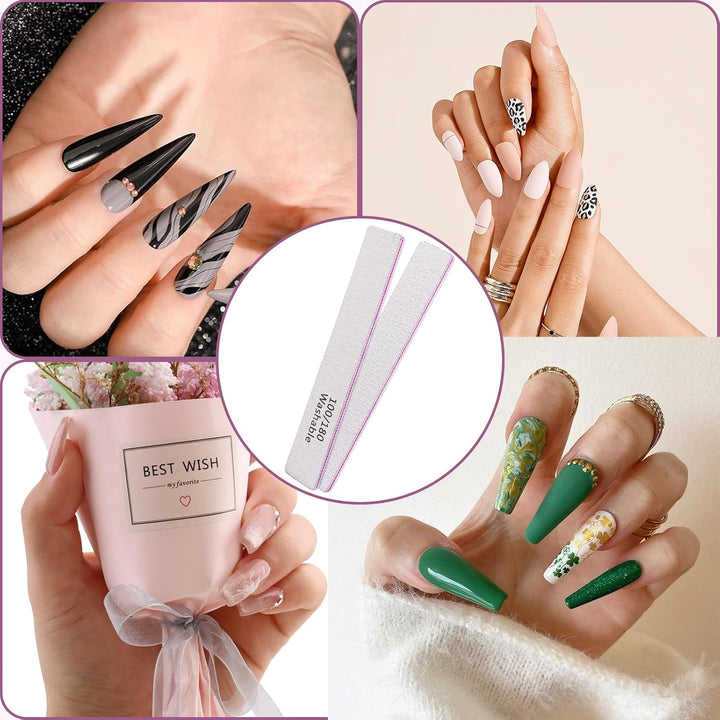 Nail File 12 PCS Professional Reusable 100/180 Grit Double Sides Washable Nail File Manicure Tools for Poly Nail Extension Gel and Acrylic Nails Tools Suit for Home Salon