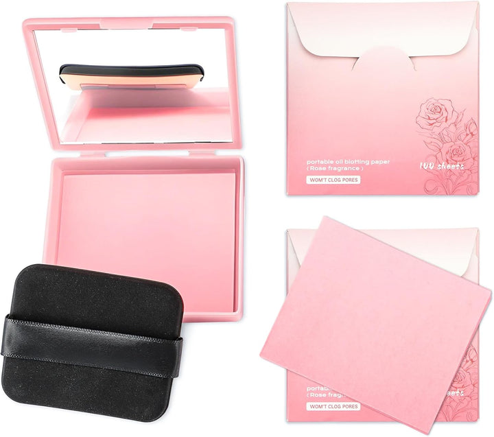 Oil Blotting Sheets for Face with Mirror and Puff, 300 Sheets Oil Blotting Paper for Oily Skin, Face Oil Absorbing Sheet, Natural Oil Control Film, Absorb Excess Oil, Makeup Friendly
