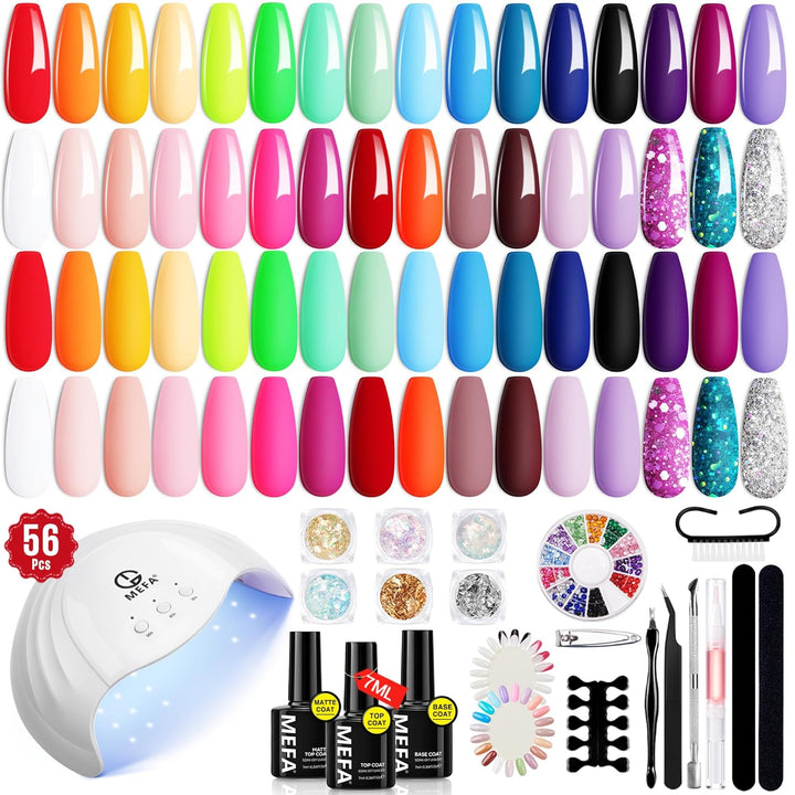 42 Colors Gel Nail Polish Kit with U V Light, 59 Pcs All Seasons Collection Colorful Gel Polish Essential Set with 5 Psc Matte/Glossy Base Top Coat, Salon Gifts for Women