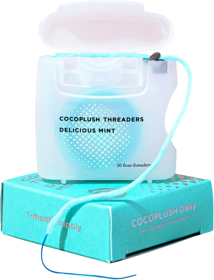 Cocoplush Threaders, Dental Floss for Implants, Bridges, and Braces, Mint, Waxed, Dentist-Designed Oral Care with Coconut Oil, 30 per Pack