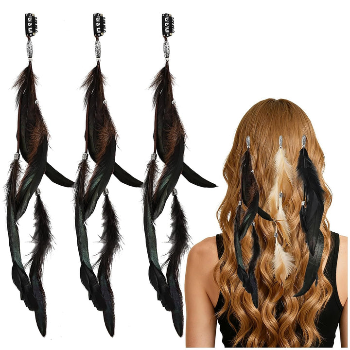 Feathers Hair Extensions for Women Boho Clip-In Hair Feather Accessories for Carnival Halloween Party Performances Photo Shoots, Brown Black Dark Coffee(3 Pcs)