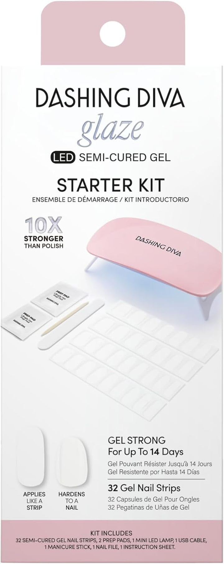 Glaze Nail Starter Kit - Real Black - Long Lasting, Chip Resistant, Semi-Cured Gel Nail Strips - 7-Piece Manicure Set with 32 Strips and Mini LED Lamp