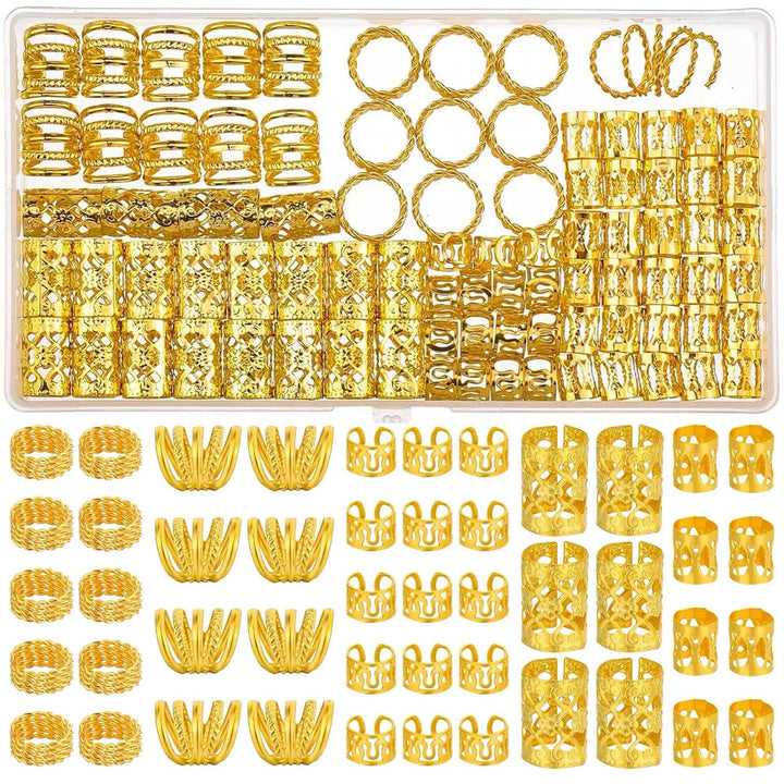 110 Pcs Gold Hair Jewelry for Braids and Dreadlocks - Metal Rings, Cuffs, Clips Accessory Decorations - Golden Yellow