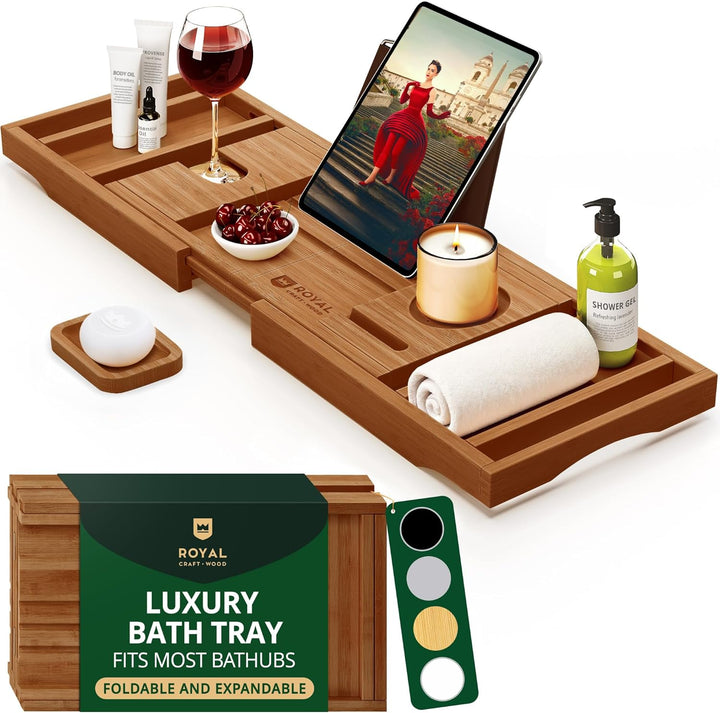 Premium Foldable Bathtub Tray Caddy - Wood Bath Tray for Tub, Bamboo Shelf, Expandable Bath Table Trays, Bathtub & Bathroom Accessories for New Home & Mothers, Birthday Gifts for Mom