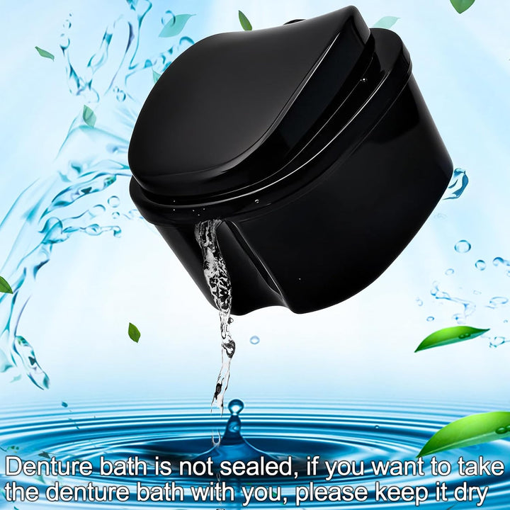 Black Denture Soaking Container Partial Denture Case, Orthodontic Retainer Cleaning Case Denture Cleaner Container Dentures Teeth Cup with Strainer and Lid Waterproof
