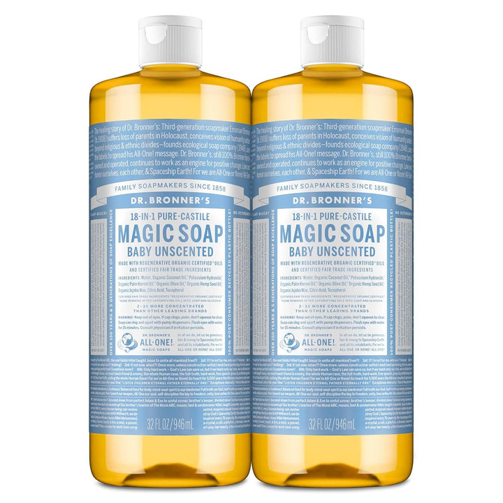 Pure-Castile Magic Liquid Soap - Made with Regenerative Organic Certified Oils - 18-In-1 Uses for Face, Body, Hand Gentle on Baby & Sensitive Skin Body Wash Unscented,32Oz