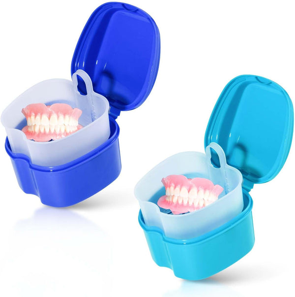 2 Pack Colors Denture Bath Case Cup Box Holder Storage Soak Container with Strainer Basket for Travel Cleaning (Light Blue and Blue)