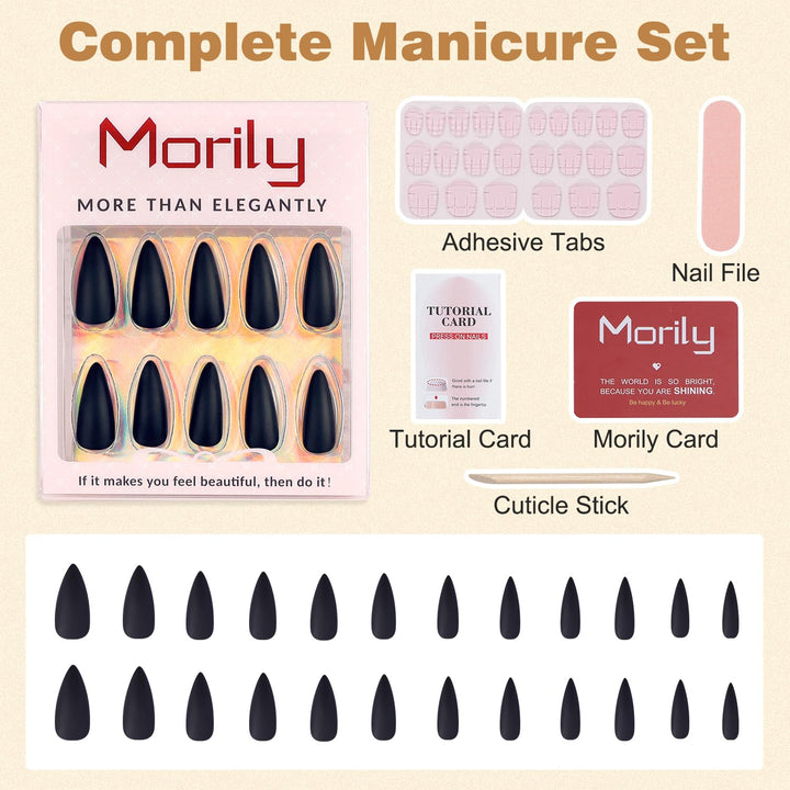 24Pcs Fake Nails Matte Pure Color Medium Long Stiletto Almond Press on Nail False Tips Artificial Finger Manicure for Women (Black)