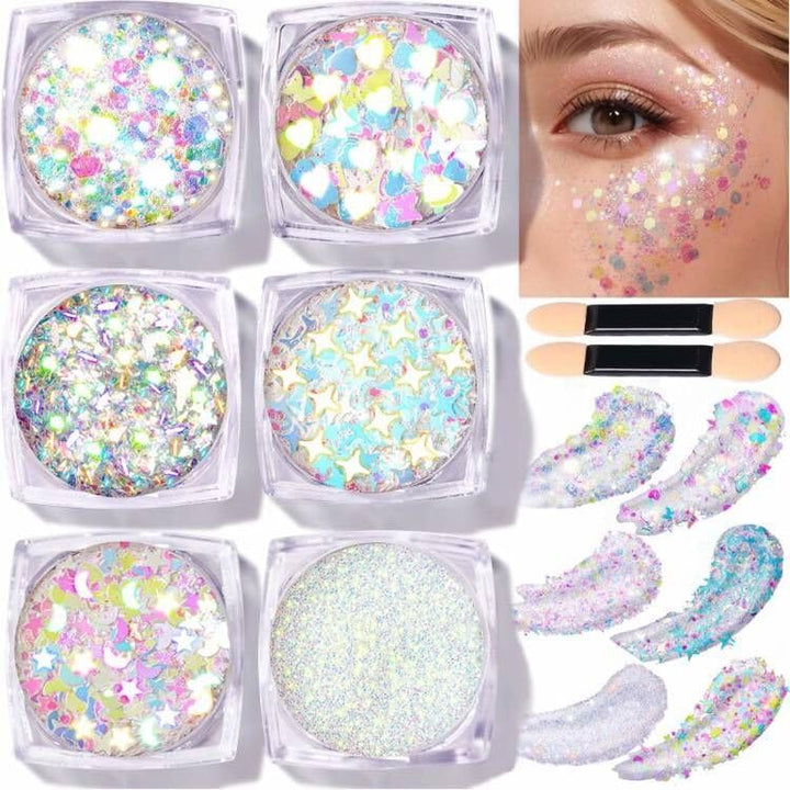 Face Glitter Body Glitter, Clear White Body Glitter Gel, Hair Glitter Gel, 6 Shapes Rave Glitter, Mermaid Sequins Makeup Glitters Face Paint, Chunky Sparkling Glitter Gel for Women