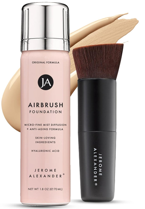 Magicminerals Airbrush Foundation – 2 Piece Set with Airbrush Foundation and Kabuki Brush - Spray Makeup with Anti-Aging Ingredients for Smooth Radiant Skin - Light Medium