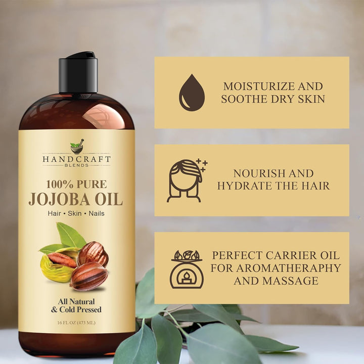 Jojoba Oil - Cold-Pressed 16 Fl Oz - 100% Pure and Natural Premium Grade Carrier Oil for Skin and Hair - Body Massage - Hexane-Free - Hair Relaxer for Tight Curls