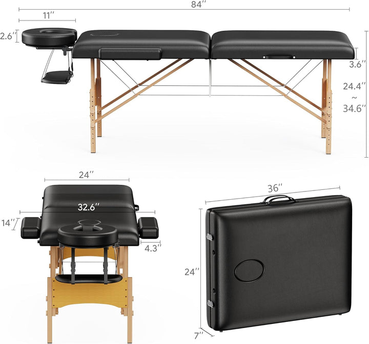 Massage Table Portable Wooden Lash Bed 24" Wide Adjustable Height 2-Fold Spa Table Foldable Tattoo Bed (Black)