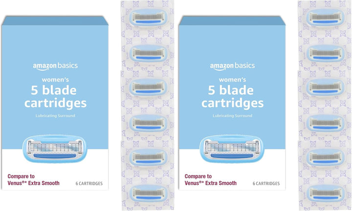 5-Blade Razor Handle for Women, Includes 12 Cartridges and Shower Hanger, 14 Piece Set, Blue