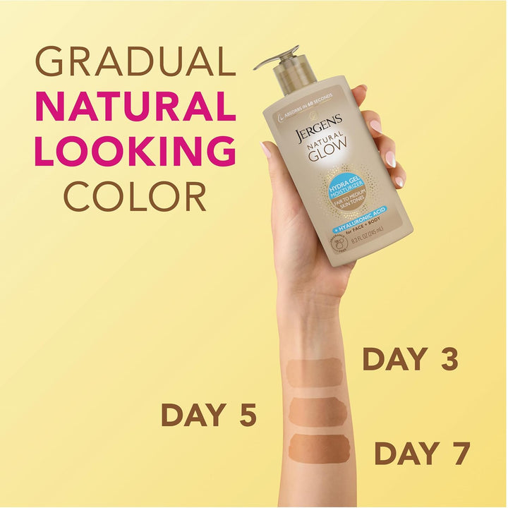 Natural Glow Hydra Gel Moisturizer, Hyaluronic Acid Tanning Lotion, Hydrating Tanning Gel, Fragrance-Free Self Tanner, Fair to Medium Skin Tones, 8.3 Fl Oz