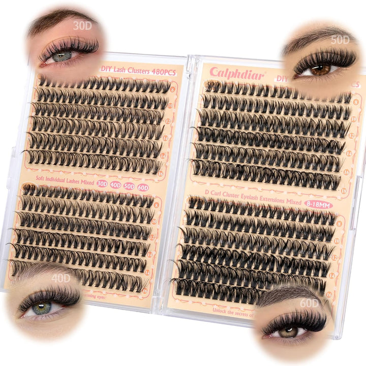 Eyelash Clusters 30D+40D+50D+60D+80D+100D Lash Clusters Wispy Individual Lashes 476PCS D-Curly Lash Extension 10-16MM Natural Lashes Clusters DIY Cluster Eyelash Extensions for Beginners