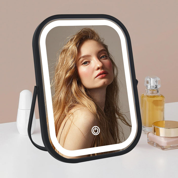 Travel Makeup Mirror with Lights, Portable Small Beauty LED Vanity Mirror with Lights, 1200Mah Battery, Dimmable Touch Screen, Tabletop Folding Compact Mirror,Women Gift