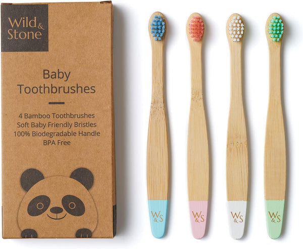 Organic Baby Bamboo Toothbrushes | 4 Pack | Soft Bristles | 100% Compostable Handle | BPA Free | Vegan Baby Toothbrushes (Multicolour)