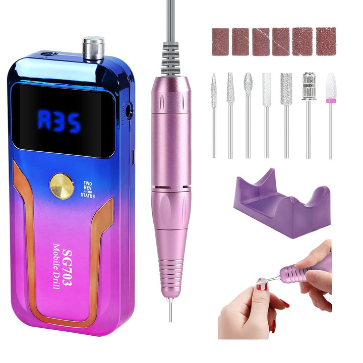 Portable Nail Drill Professional 35000 RPM,  Rechargeable Electric Nail File Machine E File for Acrylic Gel Polishing Removing, Cordless E-File with Bits Kit for Manicure Salon Home, Pink