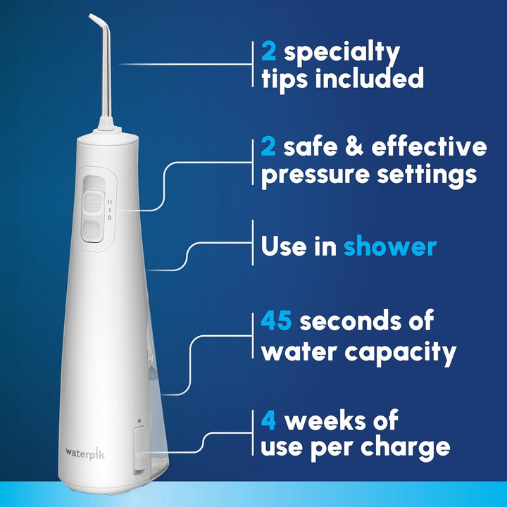 Cordless Pulse Rechargeable Portable Water Flosser for Teeth, Gums, Braces Care and Travel with 2 Flossing Tips, Waterproof, ADA Accepted, WF-20 White, Packaging May Vary