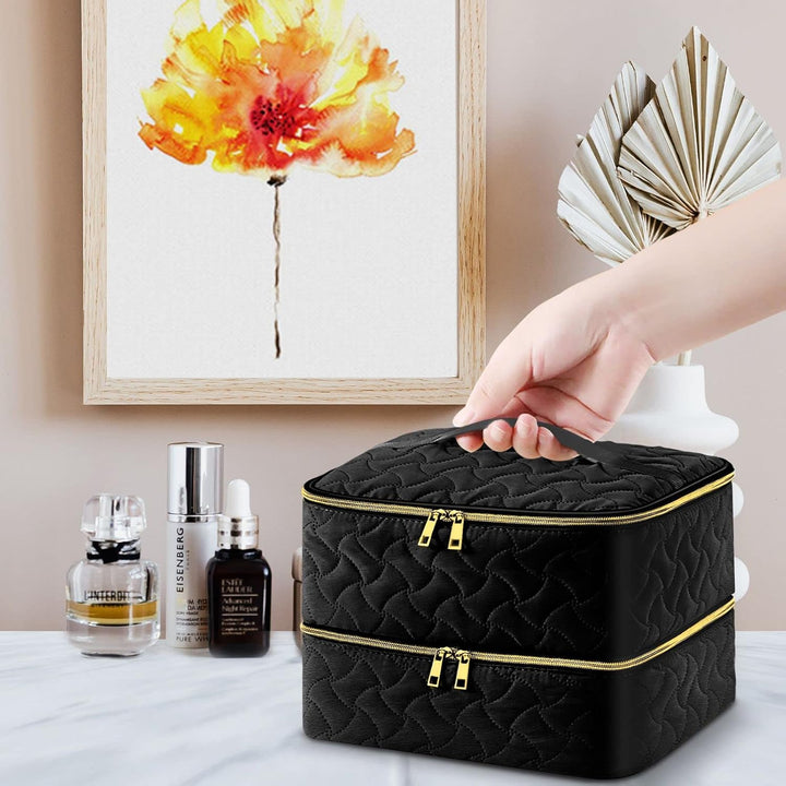 Nail Polish Organizer Case Holds 42 Bottles, Portable Double-Layer Nail Polish Storage Bag with Adjustable Dividers for Manicure Tools, Black