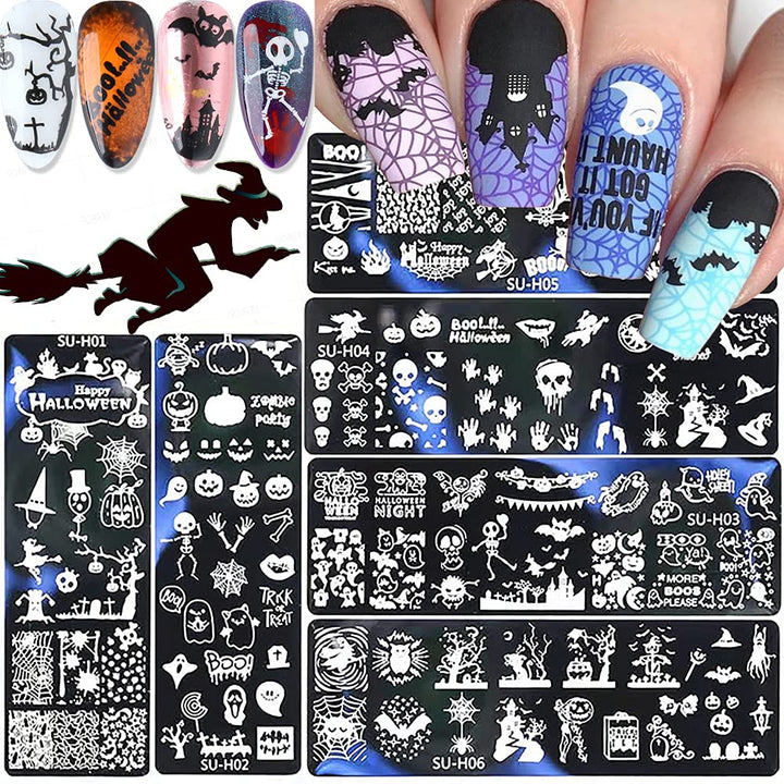Halloween Nail Art Stamping Plates, 6 PCS Halloween Nail Stamper Kit Horror Ghost Skull Pumpkin Spider Witch Nail Art Stencils Plates Halloween Holiday Party Manicure Template Design Tool