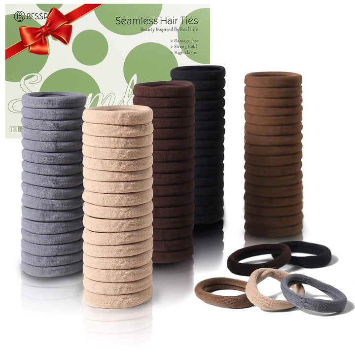 100 Pcs Thick Seamless Brown Hair Ties, Ponytail Holders Hair Accessories No Damage for Thick Hair (Natural Colors)