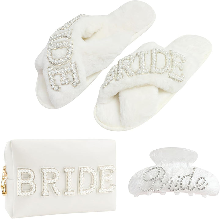 Bride Patch Letter Makeup Bag for Women Bridesmaid Engagement Gift for Her White Pearl Rhinestone Travel Toiletry Bag Make up Bag Pouch for Purse Bridal Shower Gifts for Engagement Wedding