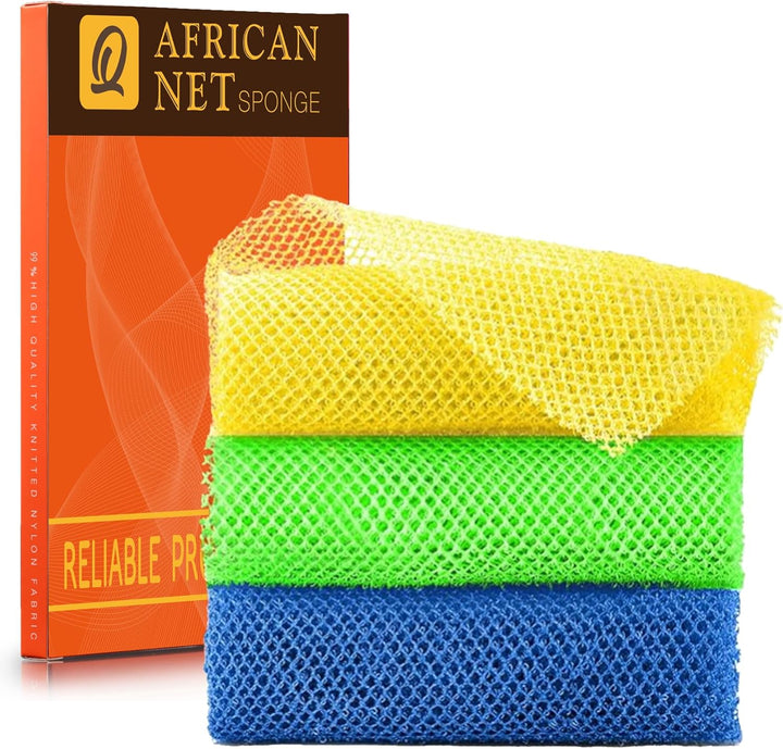 3 Pieces African Bath Sponge African Net Long Net Bath Sponge Exfoliating Shower Body Scrubber Back Scrubber Skin Smoother,Great for Daily Use (Pink,Yellow,Purple)