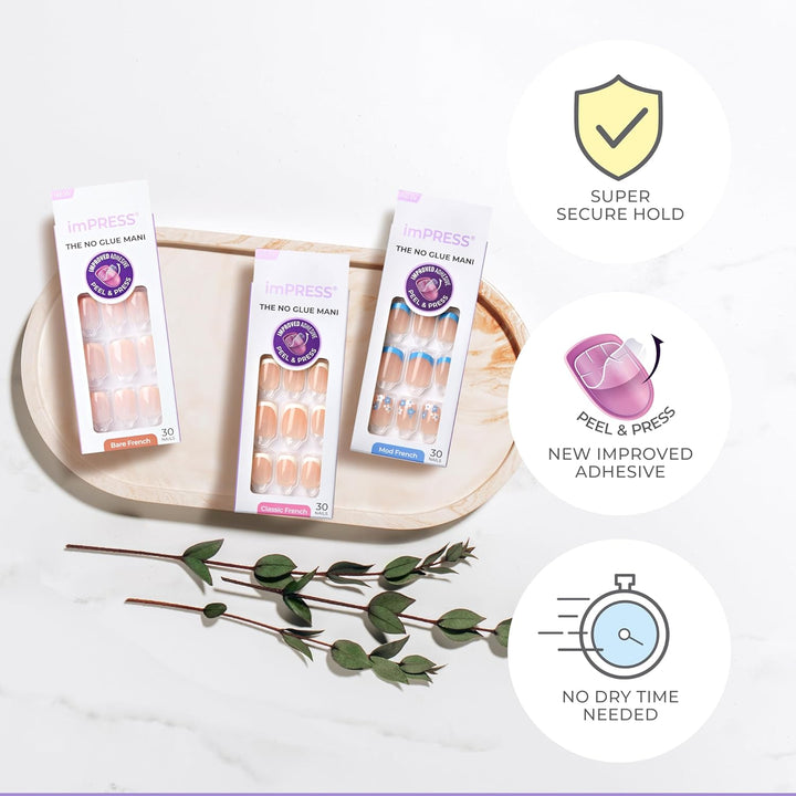 KISS  No Glue Mani Press on Nails, French, 'Model', Light Neutral + White Tip French, Short Size, Squoval Shape, Includes 30 Nails, Prep Pad, Instructions Sheet, 1 Manicure Stick, 1 Mini File