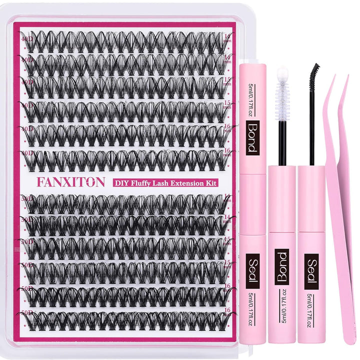 DIY Lash Extension Kit Volume Lash Clusters 40D+50D D Curvature Individual Lashes Lash Clusters Kit Thick Eyelash Extension Kit 280 Pcs Thin Band Cluster Lashes Lash Bond and Seal Tweezers