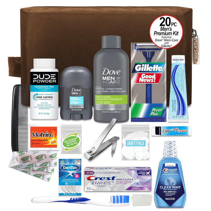 Men’S Premium 20-Piece Kit with Travel Size TSA Compliant Essentials, Featuring: Dove Men & Care Products in Brown Dopp Bag