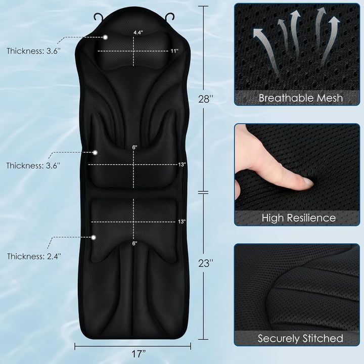 Full Body Bath Pillow for Bathtub, Ergonomic Bathtub Cushion for Neck, Waist, Hip Support, Luxury 3D Mesh Shower Pillow with Non-Slip Suction Cups & Dual Hooks, Pressure Relief, 51'' X17''