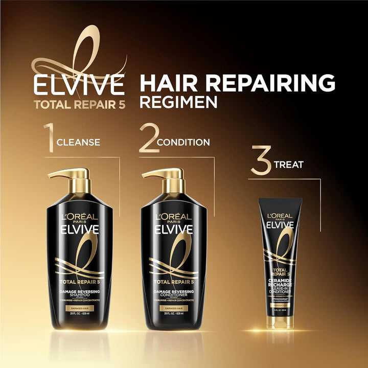 Elvive Total Repair 5 Repairing Shampoo and Conditioner for Damaged Hair, 28 Ounce (Set of 2)(Packaging May Vary)