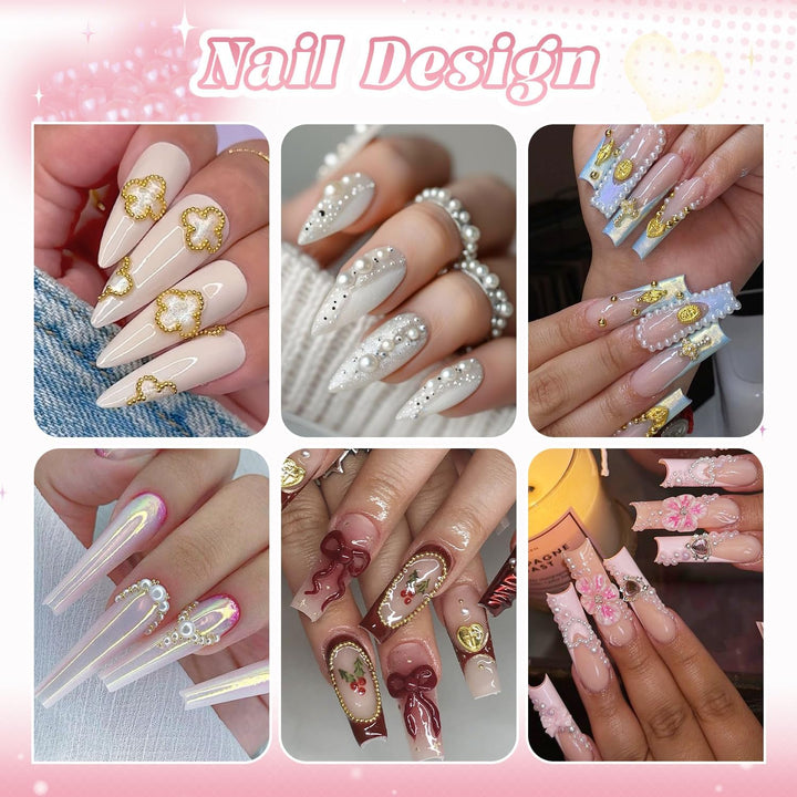 2 Boxes Flatback Pearls (White+Beige) and Metal Nail Beads (Silver+Gold) for Nail Art, Luxurious Pearl Nail Charms and Gems and Small round Caviar Beads Nail Accessories for Acrylic Nail Tips Manicure